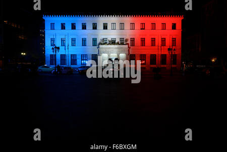 Bratislava, Slovakia. 14th Nov, 2015. The Athens Town Hall is lit up in the colors of the French flag in solidarity with France, after the Friday's attacks in Paris, in Bratislava, Slovakia, on Saturday, Nov. 14, 2015. © Martin Mikuta/CTK Photo/Alamy Live News Stock Photo