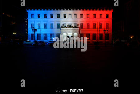 Bratislava, Slovakia. 14th Nov, 2015. The Athens Town Hall is lit up in the colors of the French flag in solidarity with France, after the Friday's attacks in Paris, in Bratislava, Slovakia, on Saturday, Nov. 14, 2015. © Martin Mikuta/CTK Photo/Alamy Live News Stock Photo