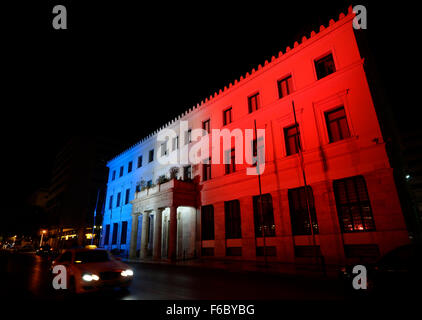 Bratislava, Slovakia. 14th Nov, 2015. The Athens Town Hall is lit up in the colors of the French flag in solidarity with France, after the Friday's attacks in Paris, in Bratislava, Slovakia, on Saturday, Nov. 14, 2015. © Martin Mikuta/CTK Photo/Alamy Live News Stock Photo