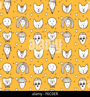 Sketch men and cats in vintage style, vector seamless pattern Stock Vector