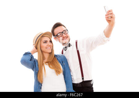 Young hipster couple making a selfie Stock Photo