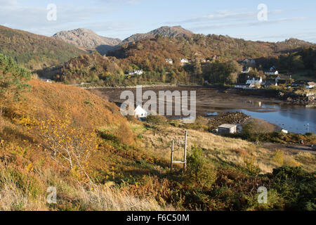 Village of Gairloch, Scotland. Elevated autumnal view of Charlestown at Gairloch Harbour. Stock Photo
