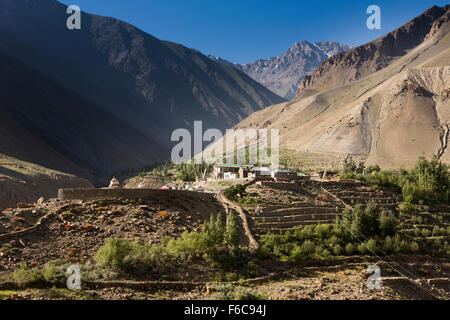 India, Himachal Pradesh, Tabo, terraced fields in Spiti River valley, farming in high altitude cold desert environment Stock Photo