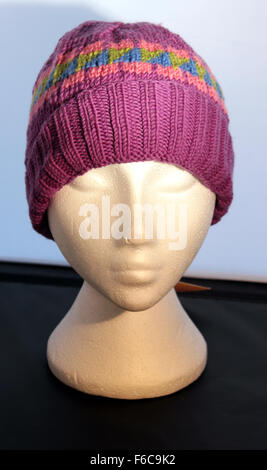 Woolen hat hand knitted by Carole created from 100% merino wool. Stock Photo