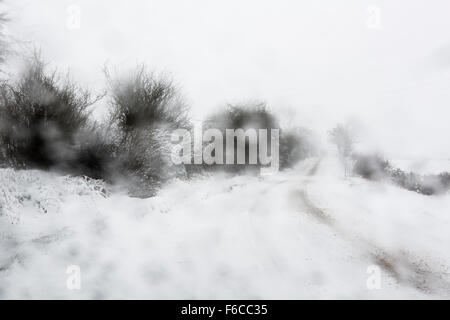 View through a car windscreen during a blizzard. Stock Photo