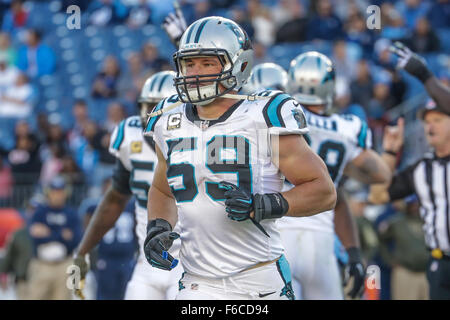 Nashville, TN, USA. 15th Nov, 2015. Carolina Panthers middle linebacker Luke Kuechly #59 comes off the field after recovering a fumble against the Tennessee Titans on November 15, 2015, at Nissan Stadium in Nashville, Tennessee. The Panthers defeated the Titans 27-10. Margaret Bowles/CSM/Alamy Live News Stock Photo