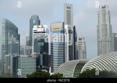 Skyscrapers in the Central Business District (CBD) in Singapore. The skyscrapers house banks and financial institutions. Stock Photo