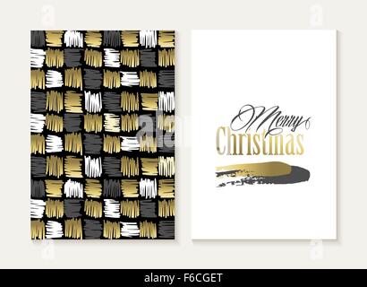 Merry Christmas card template set: retro tribal indian geometry elements seamless pattern and trendy Xmas text in gold metallic Stock Vector