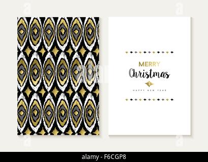 Merry Christmas card template set with retro tribal indian style seamless pattern and trendy Xmas text in gold metallic color. Stock Vector
