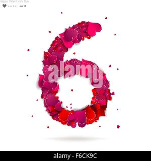 Number six, 6 made from red hearts Love alphabet Stock Vector