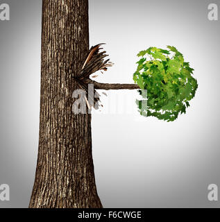 Offshoot concept as a lateral move business metaphor as a tree trunk with a sideways branch and leaves bursting out horizontaly Stock Photo