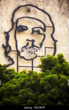 Ernesto Che Guevara as an art installation and propaganda work of art on a wall in the Revolution Square, the Interior Ministry
