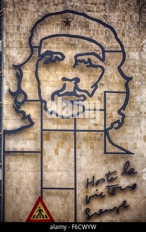 Ernesto Che Guevara as an art installation and propaganda work of art on a wall in the Revolution Square, the Interior Ministry