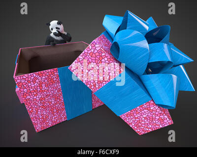 Adult panda surprised content big gift box purple with bright blue bow on dark background. Bamboo bear render and empty present Stock Photo