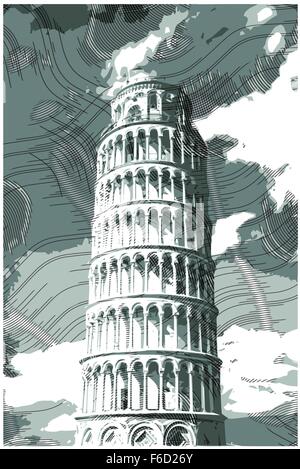 Famous pisan tower rendered with engraving effects. Stock Vector