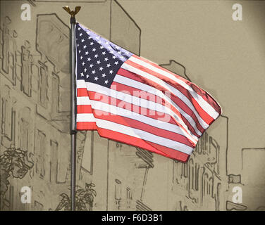 Drawing of USA flag waving in the wind Stock Photo