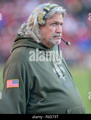 New Orleans Saints defensive coordinator Rob Ryan watches the fourth quarter action against the Washington Redskins at FedEx Field in Landover, Maryland on Sunday, November 15, 2015. The Redskins won the game 47 - 14. Credit: Ron Sachs/CNP - NO WIRE SERVICE - Stock Photo