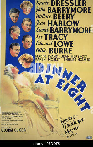 RELEASE DATE: January 12, 1934. MOVIE TITLE: Dinner at Eight. STUDIO: Metro-Goldwyn-Mayer (MGM). PLOT: Millicent Jordan is pre-occupied with the plans she is making for a high-class dinner party. Her husband Oliver is in failing health, and he is also worried because someone is trying to buy up the stock in his shipping business - even his old friend Carlotta wants to sell her stock. Hoping to get help from businessman Dan Packard, he persuades Millicent, against her wishes, to invite Packard and his wife to the dinner. As Oliver's problems get worse, Millicent is increasingly quick-tempered b Stock Photo