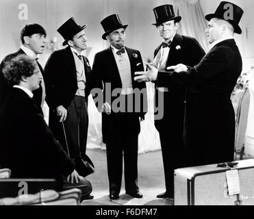 RELEASE DATE: October 20, 1933. MOVIE TITLE: Meet the Baron. STUDIO: Metro-Goldwyn-Mayer (MGM). PLOT: . PICTURED: LARRY FINE as Janitor, MOE HOWARD as Janitor, JIMMY DURANTE as Joe McGoo, JACK PEARL as Julius/Baron Munchausen, TED HEALY as Head Janitor and CURLY HOWARD as Janitor. Stock Photo