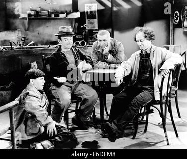 RELEASE DATE: October 20, 1933. MOVIE TITLE: Meet the Baron. STUDIO: Metro-Goldwyn-Mayer (MGM). PLOT: . PICTURED: MOE HOWARD as Janitor, TED HEALY as Head Janitor, CURLY HOWARD as Janitor and LARRY FINE as Janitor. Stock Photo