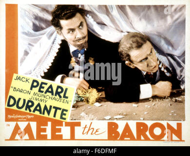 RELEASE DATE: October 20, 1933. MOVIE TITLE: Meet the Baron. STUDIO: Metro-Goldwyn-Mayer (MGM). PLOT: . PICTURED: JACK PEARL as Julius/Baron Munchausen and JIMMY DURANTE as Joe McGoo. Stock Photo