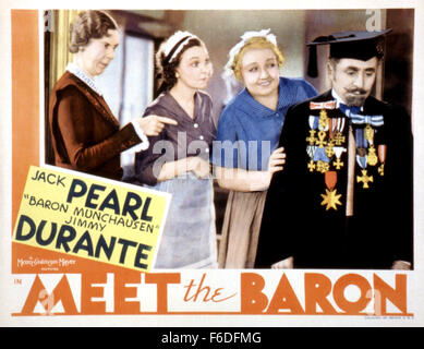 RELEASE DATE: October 20, 1933. MOVIE TITLE: Meet the Baron. STUDIO: Metro-Goldwyn-Mayer (MGM). PLOT: . PICTURED: EDNA MAY OLIVE as Dean Primrose, ZASU PITTS as Zasu and JACK PEARL as Julius/Baron Munchausen. Stock Photo