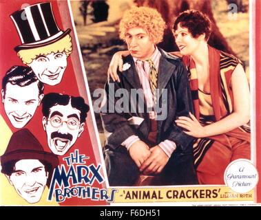 RELEASE DATE: August 28, 1930. MOVIE TITLE: Animal Crackers. STUDIO: Paramount Pictures. PLOT: Captain Spaulding, the noted explorer, returns from Africa and attends a gala party held by Mrs. Rittenhouse. A painting displayed at that party is stolen, and the Marxes help recover it. Well, maybe 'help' isn't quite the word I was looking for--this is the Marx Brothers, after all. PICTURED: HARPO MARX as The Professor. Stock Photo