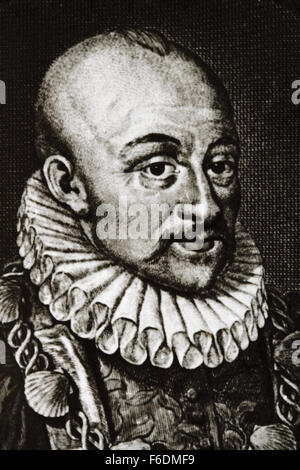 Michel de Montaigne (1533-1592). Philosopher of the French Renaissance. Portrait. Engraving. Stock Photo
