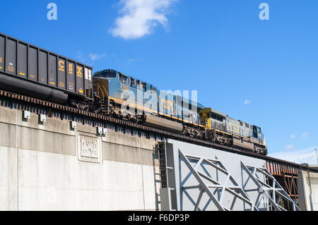 Two CSX diesel locomotives above Richmond's flood defences Richmond, Virginia  USA Stock Photo