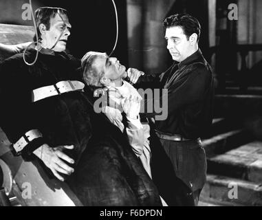 RELEASE DATE: December 1, 1944. MOVIE TITLE: House of Frankenstein. STUDIO: Universal Pictures. PLOT: After escaping from an asylum the mad Dr. Niemann and his hunch back assistant revive Count Dracula, the Wolf Man and the Frankenstein monster in order to extract revenge upon their many enemies. PICTURED: BORIS KARLOFF as Doctor Gustav Niemann. Stock Photo