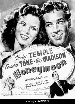 RELEASE DATE: May 17, 1947. MOVIE TITLE: Honeymoon. STUDIO: RKO Radio Pictures. PLOT: Pretty but scatterbrained Barbara Olmstead arrives in Mexico City to marry her soldier fiance, learns he's been delayed, and runs off to find a place to stay. Meanwhile, fiance Phil arrives after all, just misses Barbara, and goes off in quest of her. As further complications ensue, American consul David Flanner (who has an impatient fiancee of his own) is caught in the middle and driven nearly frantic. PICTURED: SHIRLEY TEMPLE as Barbara Olmstead, GUY MADISON as Corporal Phil Vaughn and FRANCHOT TONE as Davi Stock Photo