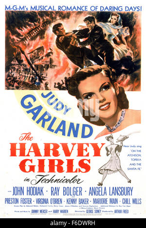 RELEASE DATE: January 18, 1946. MOVIE TITLE: The Harvey Girls. STUDIO: Metro-Goldwyn-Mayer (MGM). PLOT: On a train trip West to become a mail order bride Susan Bradley meets a cheery crew of young women traveling out to open a Harvey House restaurant at a remote whistle stop to provide good cooking and wholesome company for railway travellers. When Susan and her bashful suitor find romance daunting, Susan joins the Harvey Girls instead. The saloon across the street with its alluring worldly-wise women offers them tough competition, fair and foul, and Susan catches the eye of the Ned Trent, Stock Photo