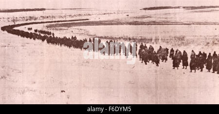 734. Russia. Vorenezh Front. Columns of captured German soldiers are trudged back from the battle after the surrender. Stock Photo