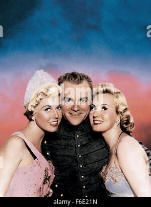 RELEASE DATE: December 25, 1950  TITLE: The West Point Story  STUDIO: Warner Bros. Pictures  DIRECTOR: Roy Del Ruth  PLOT: Broadway director Bix Bixby, down on his luck (thanks to gambling), is reluctantly persuaded to go to West Point military academy (with Eve, his gorgeous assistant and on-and-off love) to help the students put on a show. Ulterior motive: to recruit student star Tom Fletcher for Harry Eberhart's new production (Eberhart just happens to be Tom's uncle). Then, Bixby finds that he himself must live as a cadet.  PICTURED: JAMES CAGNEY as Elwin 'Bix' Bixby, DORIS DAY as Jan Wils Stock Photo