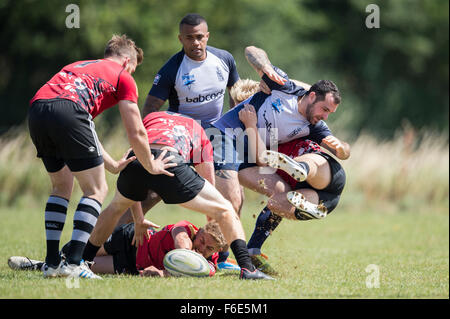 rugby player challenging for ball Stock Photo