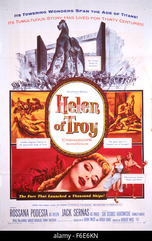 RELEASE DATE: January 26, 1956. MOVIE TITLE: Helen of Troy. STUDIO: Warner Bros. Pictures. PLOT: The Greeks are plotting to invade Troy to steal the treasures of the Trojans. Meanwhile Prince Paris is assigned by his wise father and King of Troy to travel to Sparta and shows the peaceful intentions of his people. Along his journey, he falls into the sea during a storm and is rescued on the shore by the Queen of Sparta, Helen. When he recovers, he believes that she is a slave and they fall in love with each other. When he arrives at the Spartan palace, he is arrested by King Menelaus but Helen Stock Photo