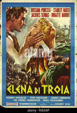 RELEASE DATE: January 26, 1956. MOVIE TITLE: Helen of Troy. STUDIO: Warner Bros. Pictures. PLOT: The Greeks are plotting to invade Troy to steal the treasures of the Trojans. Meanwhile Prince Paris is assigned by his wise father and King of Troy to travel to Sparta and shows the peaceful intentions of his people. Along his journey, he falls into the sea during a storm and is rescued on the shore by the Queen of Sparta, Helen. When he recovers, he believes that she is a slave and they fall in love with each other. When he arrives at the Spartan palace, he is arrested by King Menelaus but Helen Stock Photo