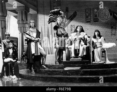 RELEASED DATE: Oct 05, 1956. MOVIE TITLE: The Ten Commandments. STUDIO: Paramount Pictures. PLOT: Moses leads the slaves from the tyranny of the Egyptian pharaoh and into the desert where he is later given the law of God. Once the pharaoh's chief architect, Moses receives the attentions of the Queen until he rebels and is cast into exile. PICTURED: Charleton Heston, Yul Bryner, Anne Baxter, Edward G. Robinson. Stock Photo