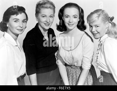 RELEASE DATE: October 8, 1957. MOVIE TITLE: Until They Sail. STUDIO: Metro-Goldwyn-Mayer (MGM). PLOT: Four sisters in New Zealand fall for four U.S. soldiers in route to the Pacific theater in WWII. PICTURED: JEAN SIMMONS as Barbara Leslie Forbes, JOAN FONTAINE as Anne Leslie, PIPER LAURIE as Delia Leslie Friskett and SANDRA DEE as Evelyn Leslie. Stock Photo