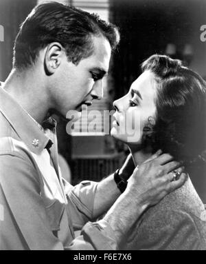 RELEASE DATE: October 8, 1957. MOVIE TITLE: Until They Sail. STUDIO: Metro-Goldwyn-Mayer (MGM). PLOT: Four sisters in New Zealand fall for four U.S. soldiers in route to the Pacific theater in WWII. PICTURED: JEAN SIMMONS as Barbara Leslie Forbes and PAUL NEWMAN as Capt. Jack Harding. Stock Photo