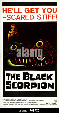 RELEASE DATE: October 11, 1957. MOVIE TITLE: The Black Scorpion. STUDIO: Amex Productions. PLOT: Giant scorpions demolish Mexico City. They have been released from underground caverns by a series of volcanic eruptions, and it's up to Hank, an American geologist to stop them. PICTURED: RICHARD DENNING as Hank Scott and MARA CORDAY as Teresa Alvarez. Stock Photo