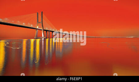 Portugal: Nocturnal view with scenic sky of bridge Ponte Vasco da Gama in Lisbon Stock Photo