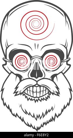 Bearded skull with hypnotic glasses. Crazy steampunk magician portrait. Dead victorian old man vintage logo. Stock Vector