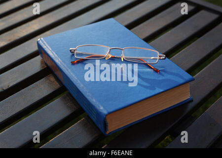 Spectacles for reading on the blue closed book in beams of the setting sun Stock Photo