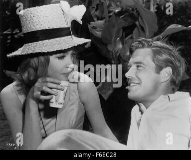 RELEASE DATE: June 23, 1960. MOVIE TITLE: The Subterraneans. STUDIO: MGM. PLOT: These are The Subterraneans Today's Young Rebels - Who live and love in a world of their own this is their story told to the hot rhythms of fabulous jazz. PICTURED: LESLIE CARON as Mardou Fox and GEORGE PEPPARD as Leo Percepied. Stock Photo