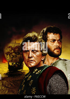 RELEASE DATE: June 28, 1958. MOVIE TITLE: The Vikings. STUDIO: Curtleigh Productions. PLOT: Einar and Eric are two Viking half-brothers. The former is a great warrior whilst the other is an ex-slave, but neither knows the true identity of the other. When the throne of Northumbria in Britain becomes free for the taking, the two brothers compete against one another for the prize, but they have very different motives - both involving the princess Morgana, however. PICTURED: KIRK DOUGLAS as Einar and TONY CURTIS as Eric. Stock Photo