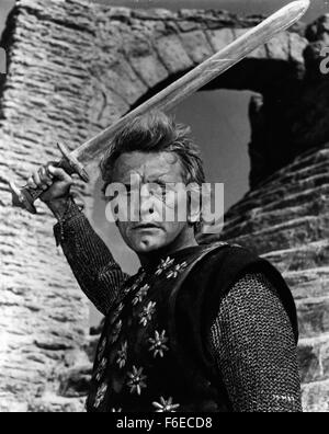 RELEASE DATE: June 28, 1958. MOVIE TITLE: The Vikings. STUDIO: Curtleigh Productions. PLOT: Einar and Eric are two Viking half-brothers. The former is a great warrior whilst the other is an ex-slave, but neither knows the true identity of the other. When the throne of Northumbria in Britain becomes free for the taking, the two brothers compete against one another for the prize, but they have very different motives - both involving the princess Morgana, however. PICTURED: KIRK DOUGLAS as Einar. Stock Photo