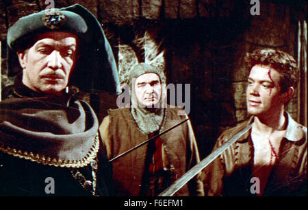 RELEASE DATE: June 24th, 1964. MOVIE TITLE: The Masque of the Red Death. STUDIO: MGM. PLOT: Satan-worshiper Prince Prospero invites several dozen of the local nobility to his castle for protection against an oncoming plague, the Red Death. Prospero orders his guests to attend a masked ball and, amidst a general atmosphere of debauchery and depravity, notices the entry of a mysterious hooded stranger dressed all in red. Believing the figure to be his master, Satan, Prospero is horrified at the revelation of his true identity. PICTURED: VINCENT PRICE as Prince Prospero. Stock Photo