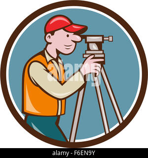 Illustration of a surveyor geodetic engineer looking through theodolite instrument surveying viewed from side set inside circle Stock Photo