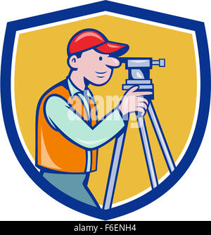 Illustration of a surveyor geodetic engineer looking through theodolite instrument surveying viewed from side set inside shield Stock Photo